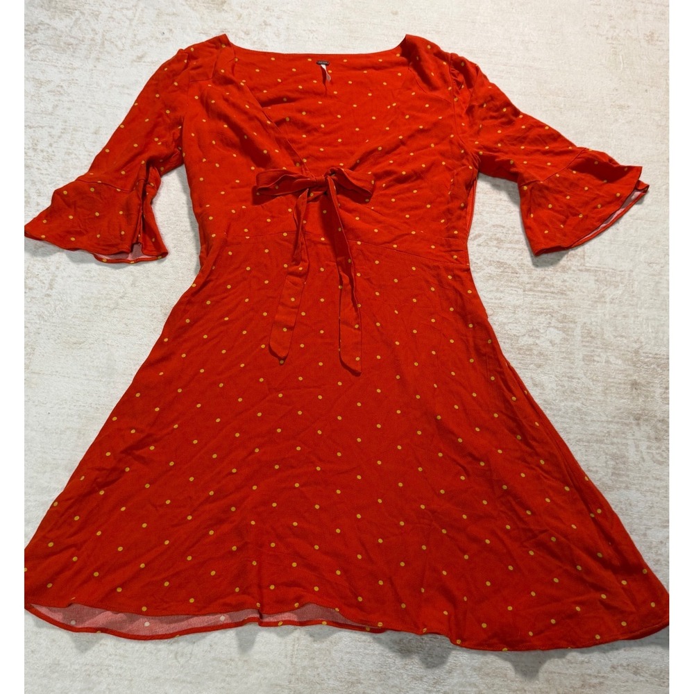 Free People Red Yellow Polka Dot Tie Front Ruffle Sleeve Mini Dress Size 8
